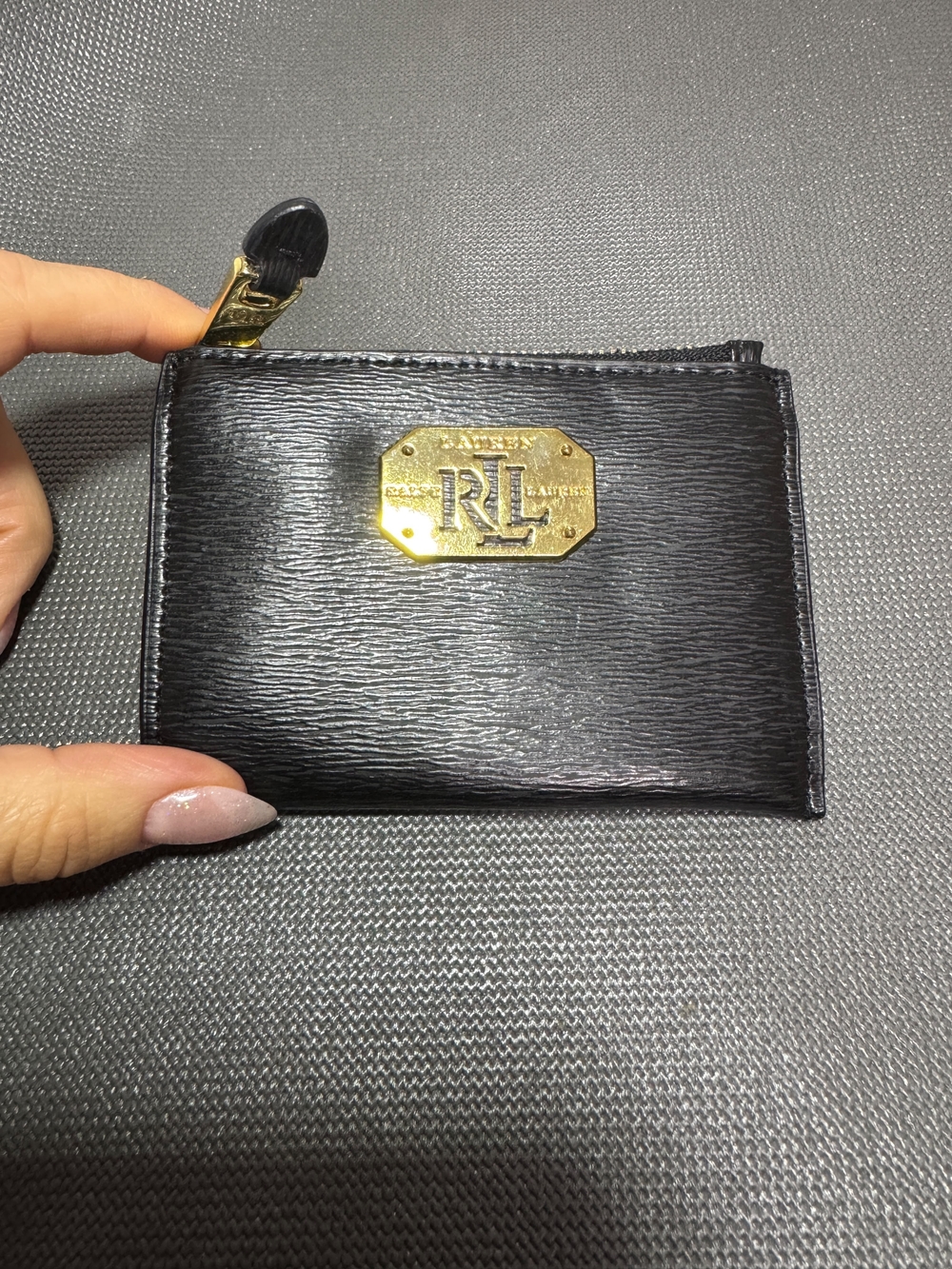 Ralph Lauren Black Leather Card Holder with Gold RL Plaque